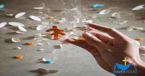 A hand holding a perfume bottle with a tiny orange man inside
